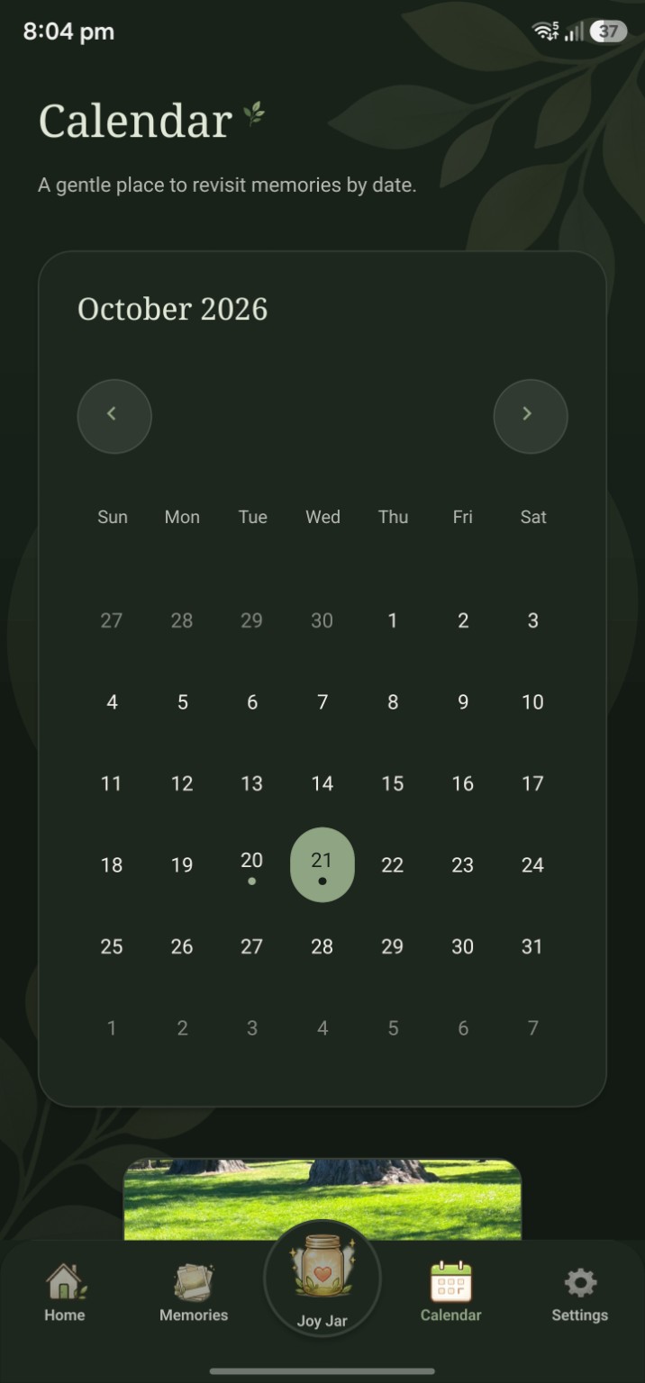 Calendar view showing days with saved positive memories