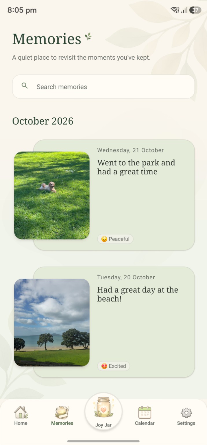 Memories timeline showing journal entries grouped by date